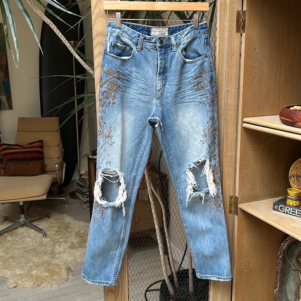 Free People Distressed Gold Paint Stencil Denim Jeans